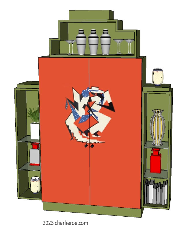 New Art Deco 2 door cabinet cupboard or bookcase display unit with Cubist painted door panels