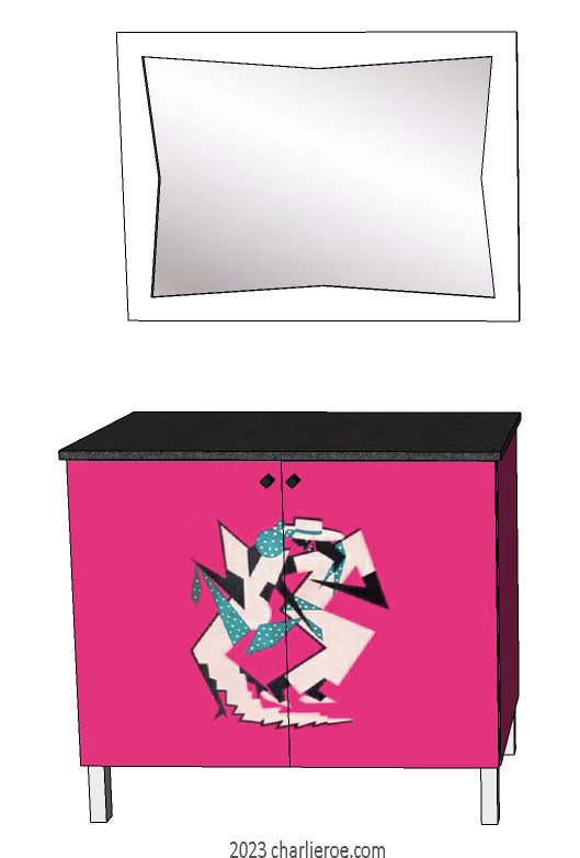 New Art Deco 2 door cabinet cupboard or sideboard with Cubist painted door panels