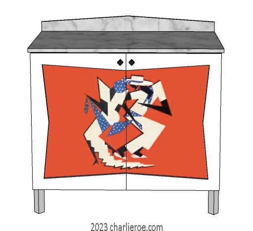 New Art Deco 2 door cabinet cupboard or sideboard with Cubist painted door panels