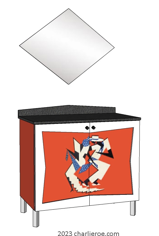 New Art Deco 2 door cabinet cupboard or sideboard with Cubist painted door panels