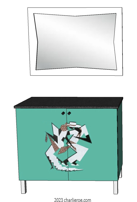 New Art Deco 2 door cabinet cupboard or sideboard with Cubist painted door panels
