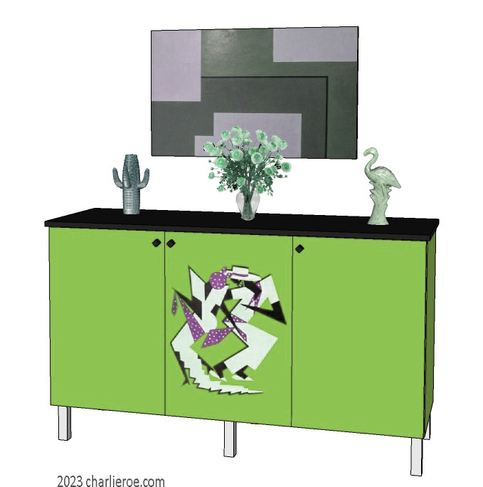 New Art Deco 3 door painted cabinet cupboard sideboard with Cubist painted door design