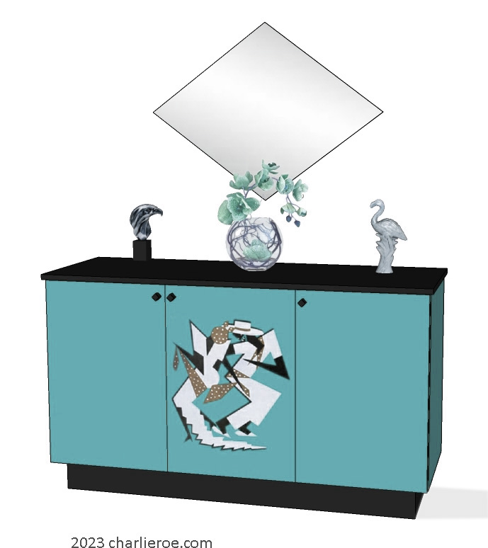 New Art Deco 3 door painted cabinet cupboard sideboard with Cubist painted door design