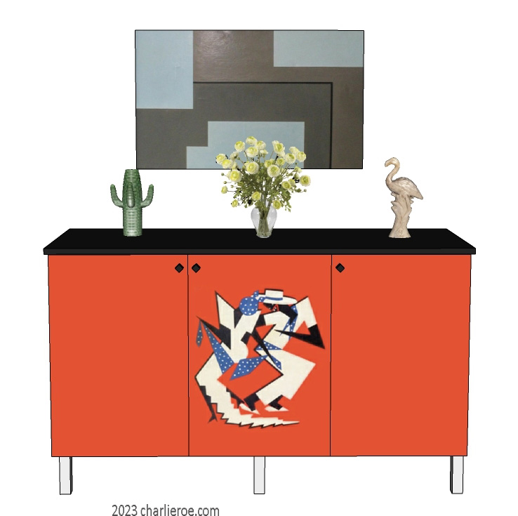 New Art Deco 3 door painted cabinet cupboard sideboard with Cubist painted door design