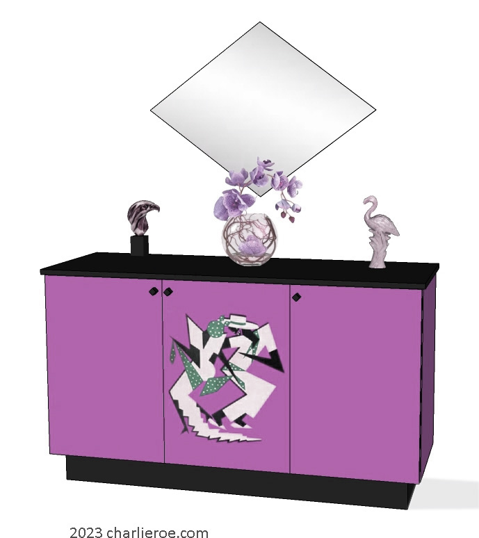 New Art Deco 3 door painted cabinet cupboard sideboard with Cubist painted door design