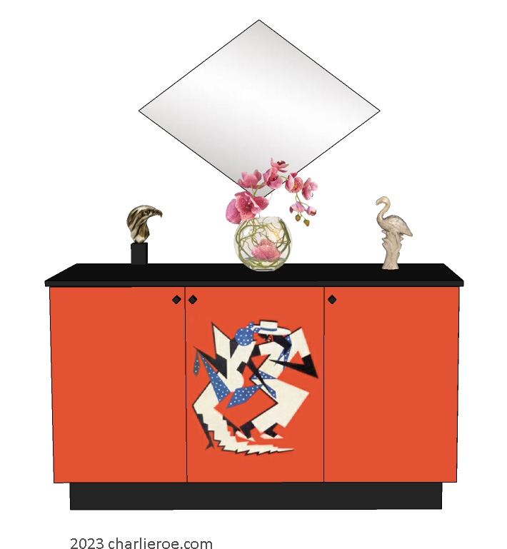 New Art Deco 3 door painted cabinet cupboard sideboard with Cubist painted door design