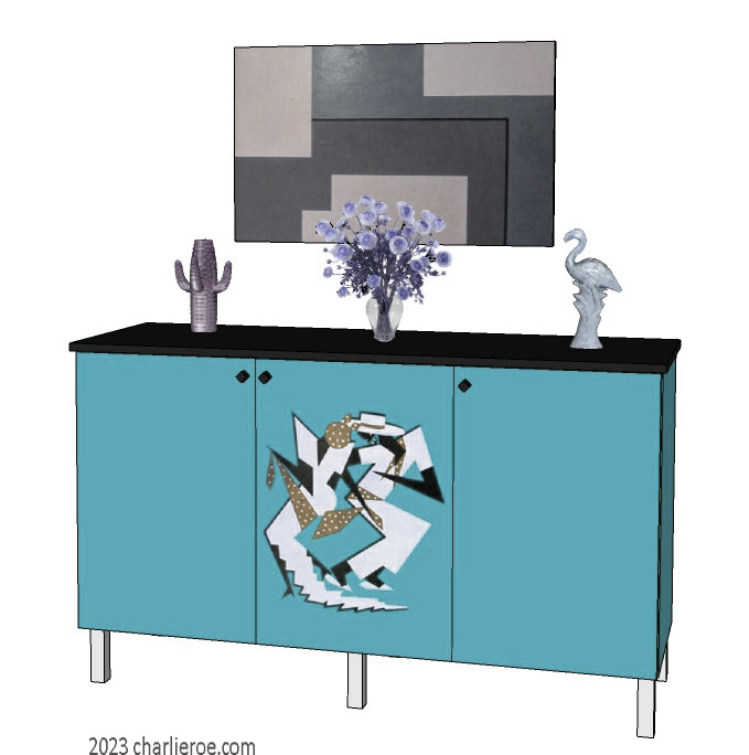 New Art Deco 3 door painted cabinet cupboard sideboard with Cubist painted door design