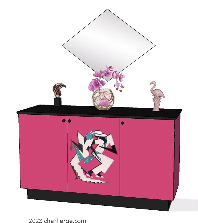 New Art Deco 3 door painted cabinet cupboard sideboard with Cubist painted door design
