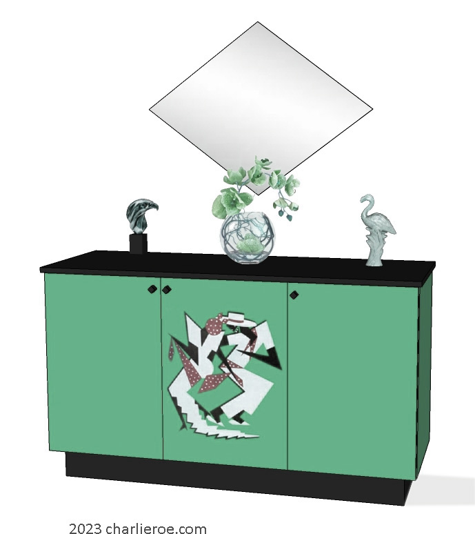 New Art Deco 3 door painted cabinet cupboard sideboard with Cubist painted door design