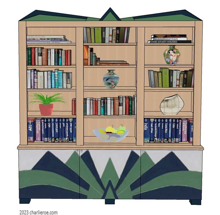 New Art Deco 3 door bookcase with Cubist style fan shape lacquered painted design