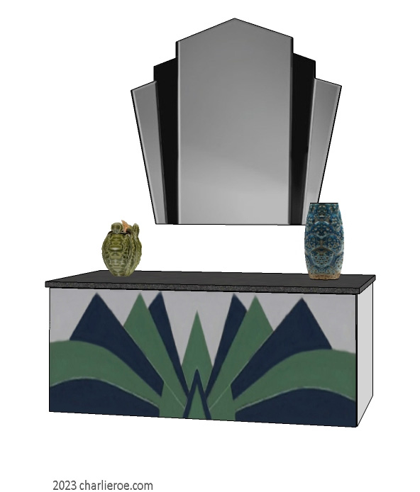 New Art Deco wall hung sideboard with Cubist style fan shape lacquered painted design