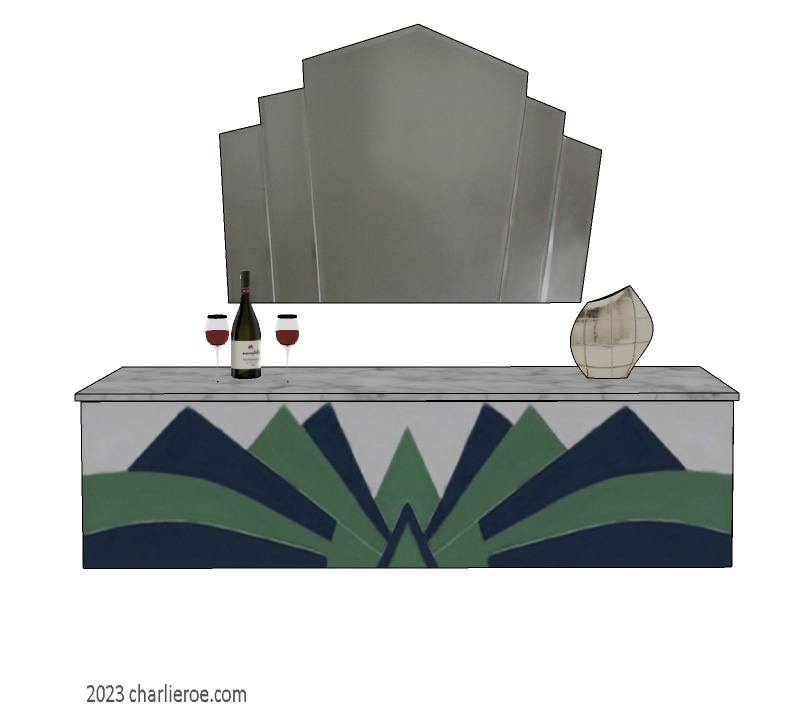 New Art Deco wall hung sideboard with Cubist style fan shape lacquered painted design