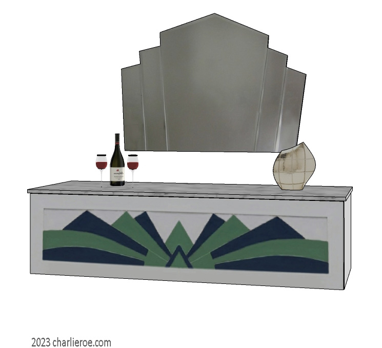 New Art Deco wall hung sideboard with Cubist style fan shape lacquered painted design