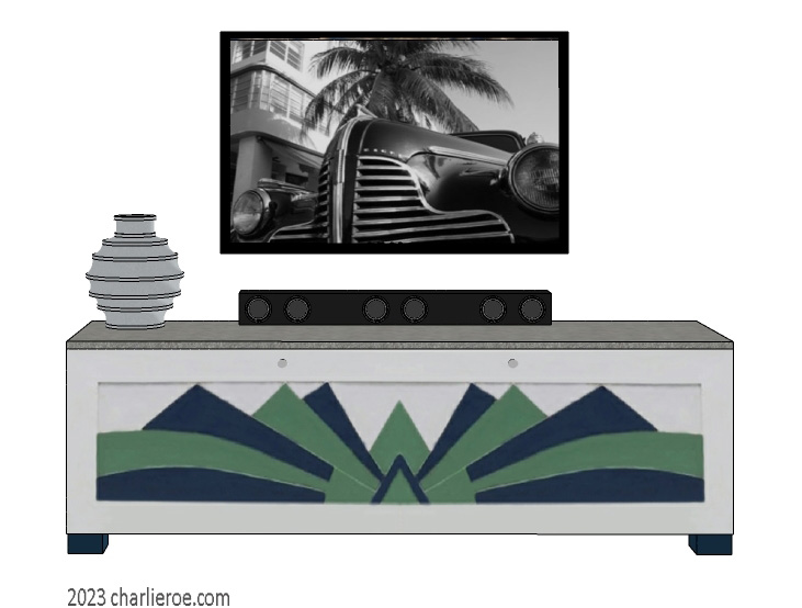 New Art Deco wall hung sideboard with Cubist style fan shape lacquered painted design