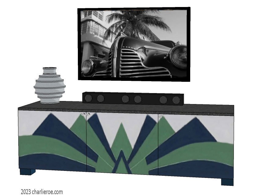New Art Deco wall hung 3 door sideboard with Cubist style fan shape lacquered painted design