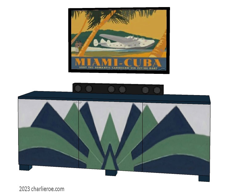 New Art Deco wall hung 3 door sideboard with Cubist style fan shape lacquered painted design