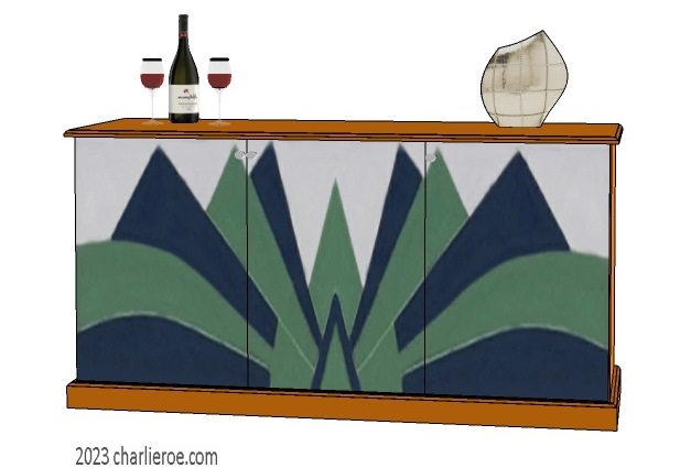New Art Deco floor standing 3 door sideboard with Cubist style fan shape lacquered painted design