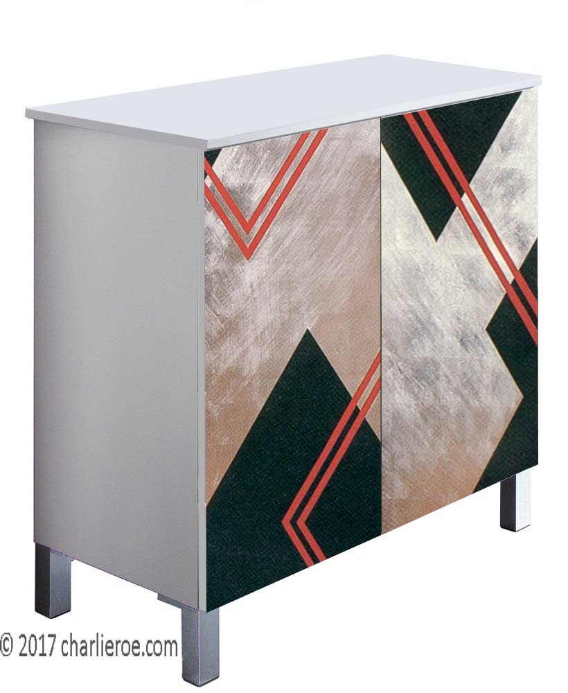 New Art Deco Donald Deskey painted lacquered veneered & silver leafed sideboard cabinet media unit bar