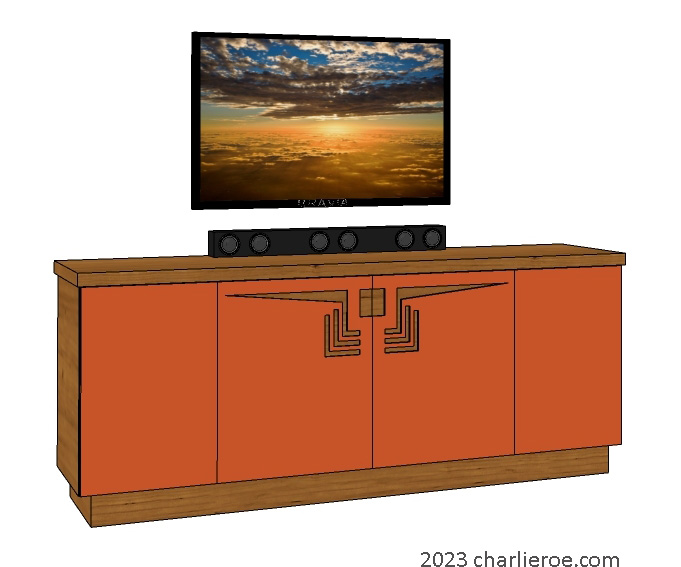 New Frank Lloyd Wright 4 door sideboard TV stand with geometric perforated designs in the doors with a painted & wood finish