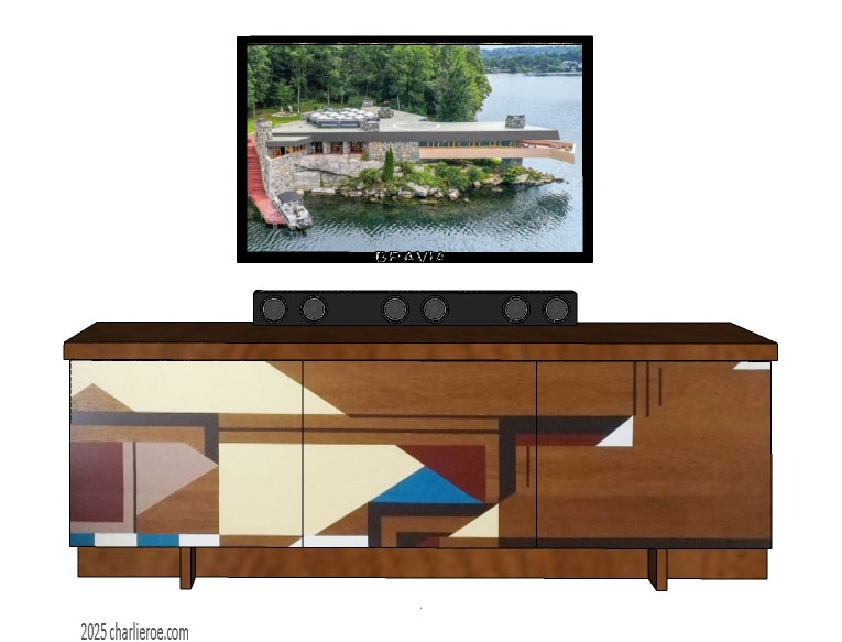 New Frank Lloyd Wright 3 door sideboard TV stand with Gene Masselink painted geometric designs on wood