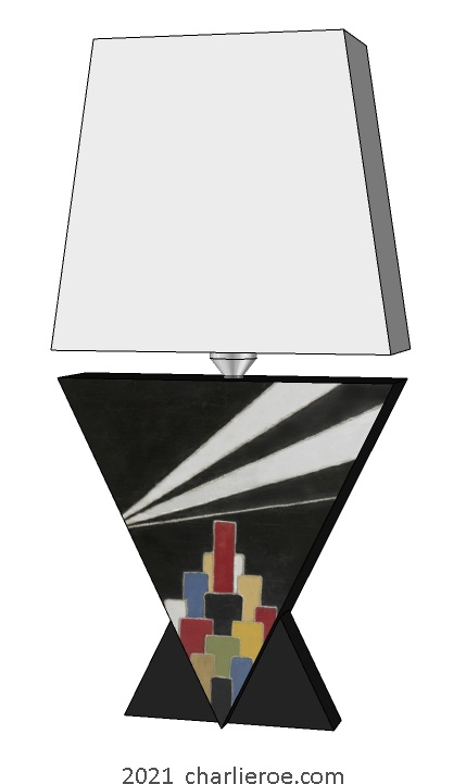 New Donald Deskey painted Art Deco painted Cubist Vee shaped table lamp with painted skyscraper pattern & search lights above