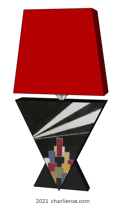 New Donald Deskey painted Art Deco painted Cubist Vee shaped table lamp with painted skyscraper pattern & search lights above