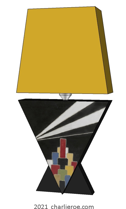 New Donald Deskey painted Art Deco painted Cubist Vee shaped table lamp with painted skyscraper pattern & search lights above