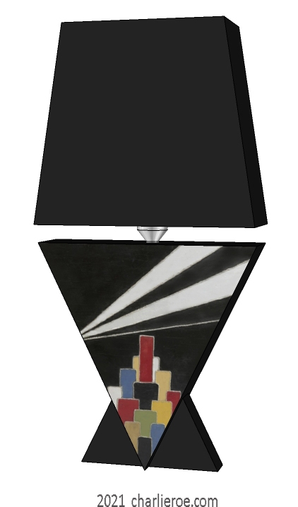 New Donald Deskey painted Art Deco painted Cubist Vee shaped table lamp with painted skyscraper pattern & search lights above