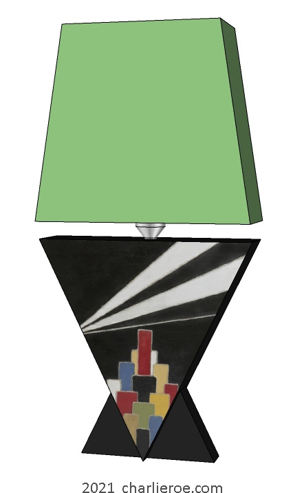 New Donald Deskey painted Art Deco painted Cubist Vee shaped table lamp with painted skyscraper pattern & search lights above