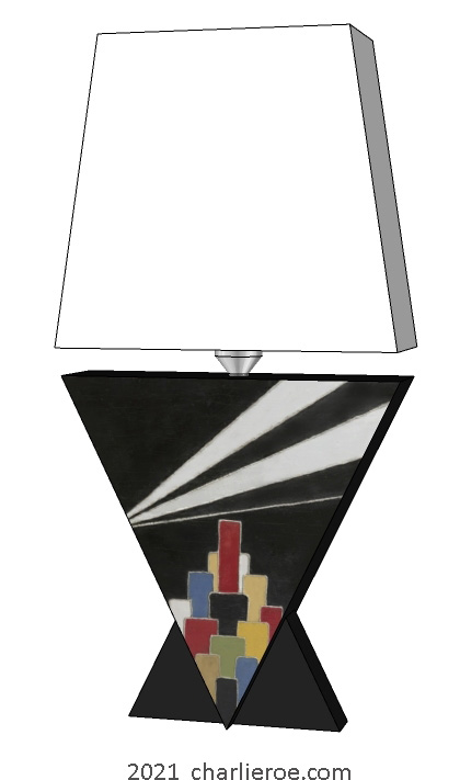 New Donald Deskey painted Art Deco painted Cubist Vee shaped table lamp with painted skyscraper pattern & search lights above