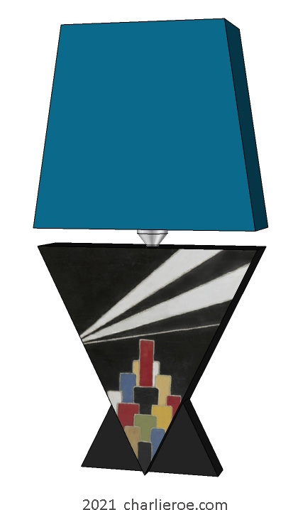 New Donald Deskey painted Art Deco painted Cubist Vee shaped table lamp with painted skyscraper pattern & search lights above