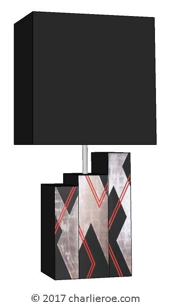 New Donald Deskey Art Deco skyscraper style stepped Cubist Geometric painted and silver leafed table lamp