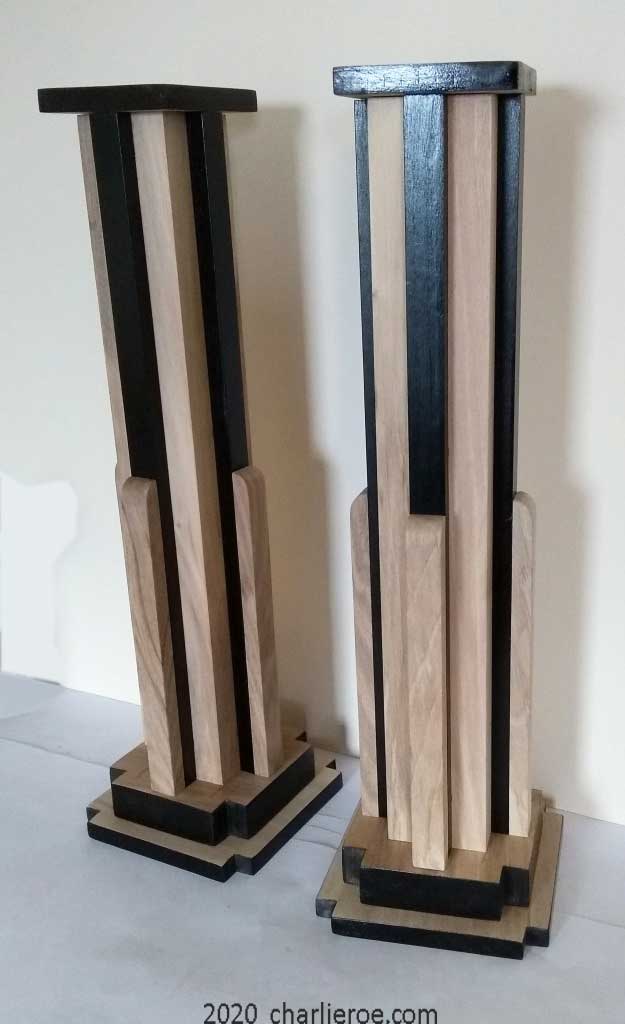 New Art deco Skyscraper style stepped table lamp base stands in stained French polished Walnut wood & black finish