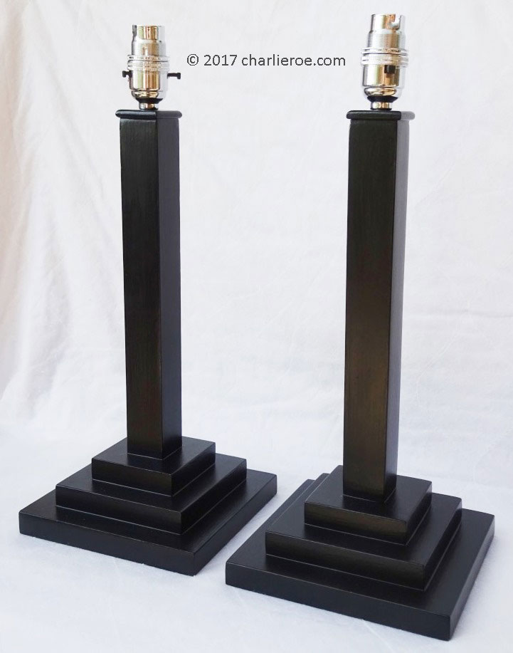 A pair of New Art deco Skyscraper style stepped table lamp base stands painted black