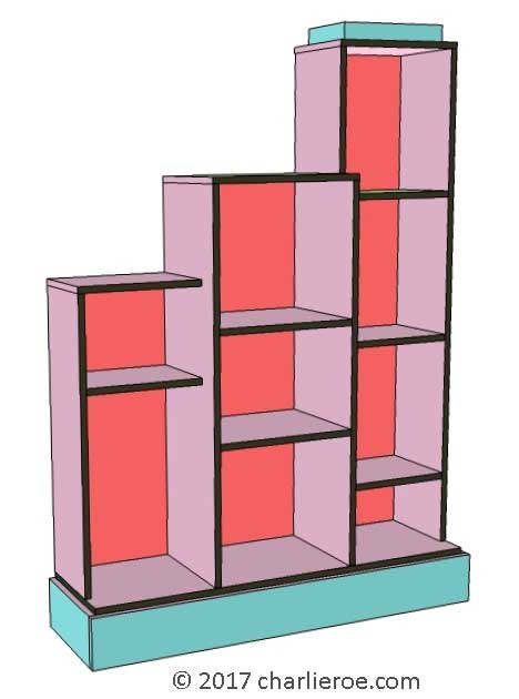 new Art Deco stepped 'Skyscraper' style 3 bay bookshelf in painted finish