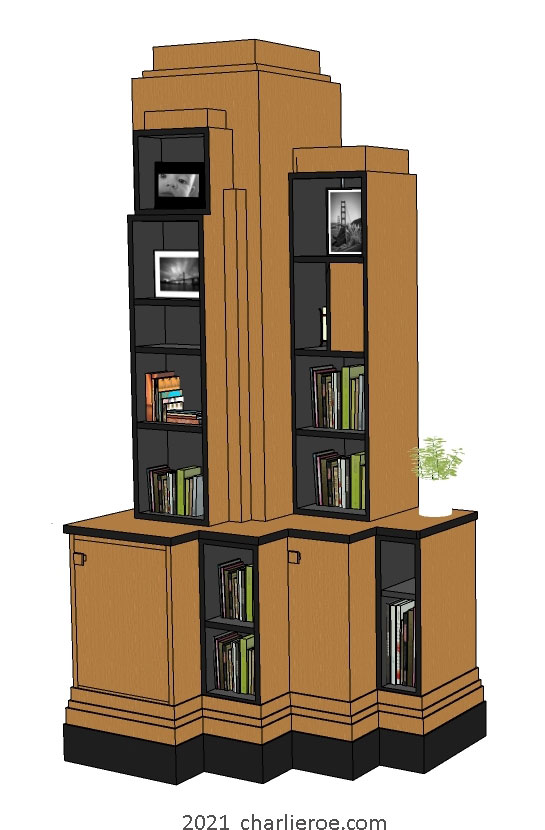 New Paul Frankl Art Deco Skyscraper style wooden & painted lacquered corner bookcase