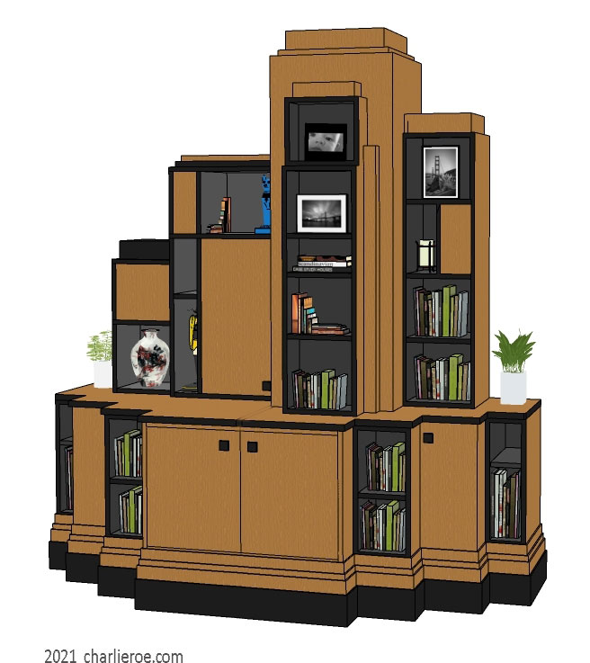 New Paul Frankl Art Deco Skyscraper style wooden & painted lacquered sideboard bookcase
