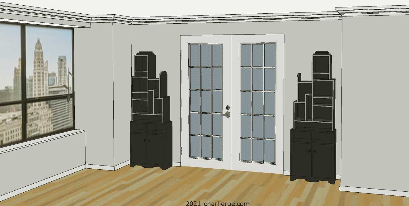 New Paul Frankl Art Deco Skyscraper style painted lacquered bookcase in black with silver edges shown in a Chicago condo