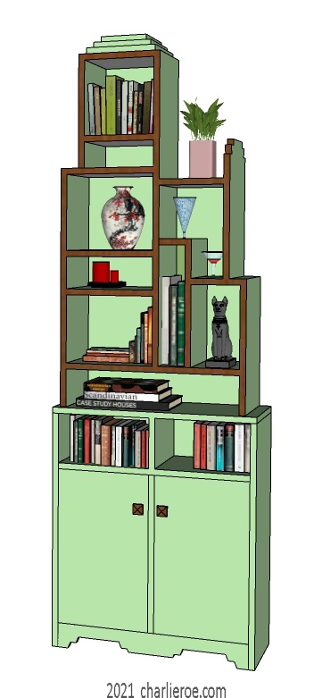 New Paul Frankl Art Deco Skyscraper style painted lacquered bookcase in green with brown edges