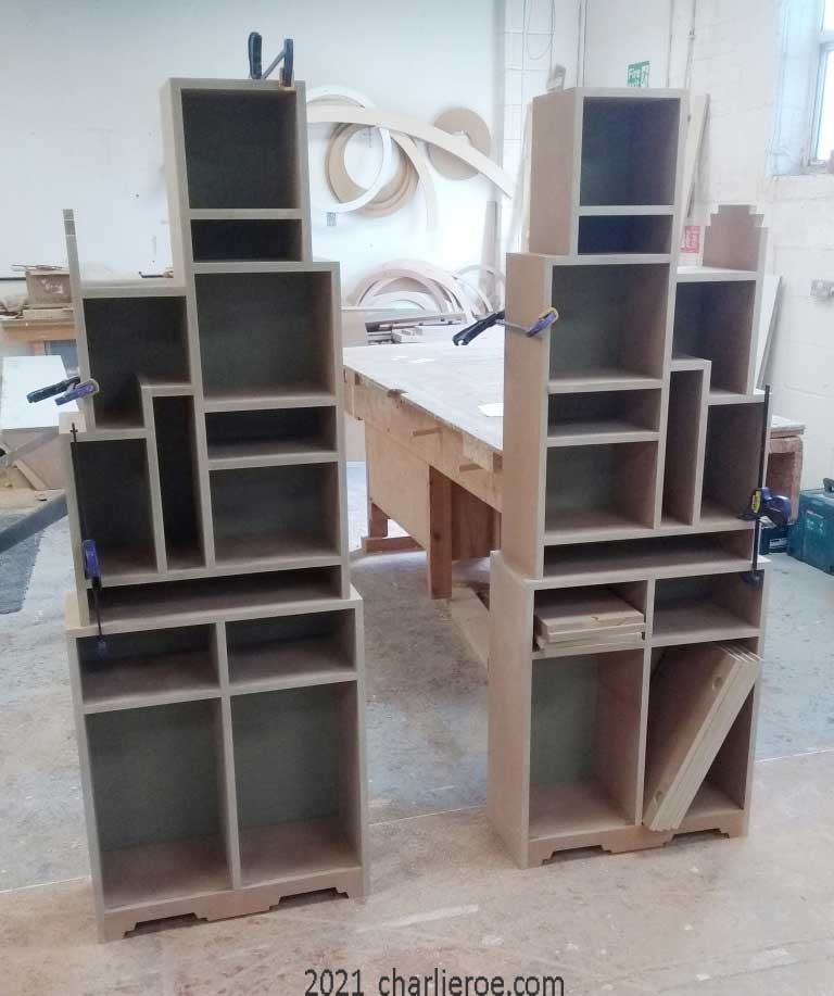 New Paul Frankl Art Deco Skyscraper style unprimed lacquered bookcase in black with red edges