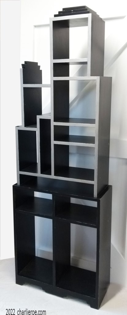 New Paul Frankl Art Deco Skyscraper style painted lacquered bookcase black with silver edges