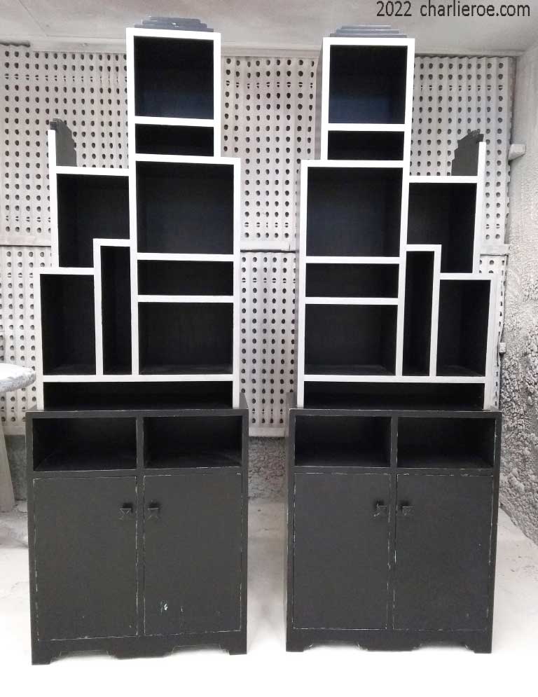 New pair of Paul Frankl Art Deco Skyscraper style painted lacquered bookcase black with silver edges
