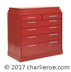 new Paul Frankl Art Deco Skyscraper style bedroom 6 drawer chest of drawers in red lacquered painted finish