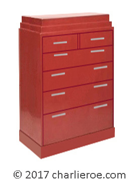 new Paul Frankl Art Deco Skyscraper style bedroom tall 6 drawer chest of drawers in red painted finish