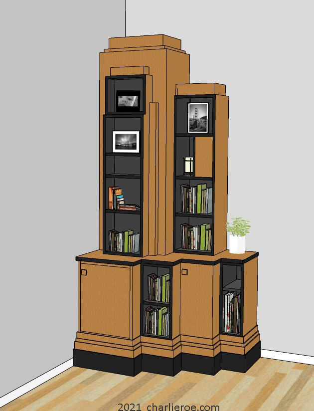 New Art Deco Paul Frankl Skyscraper style wood & lacquered painted 2 door stepped home office bookcase