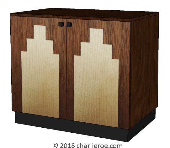 New Art Deco painted 2 door cabinet sideboard with Skyscraper style marquetry veneer door panels