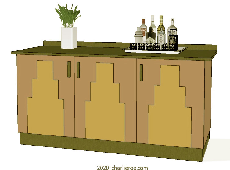 New Art Deco painted 3 door cabinet sideboard with Skyscraper style marquetry veneer door panels