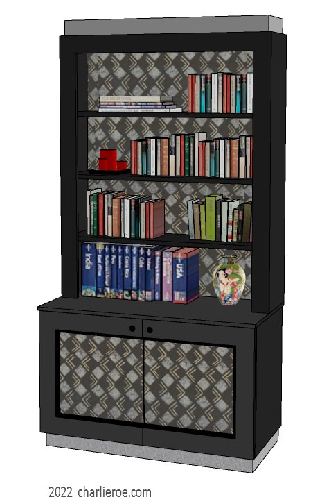 New Art Deco freestanding 2 door bookcase with decorative hand painted Abstract art pattern design