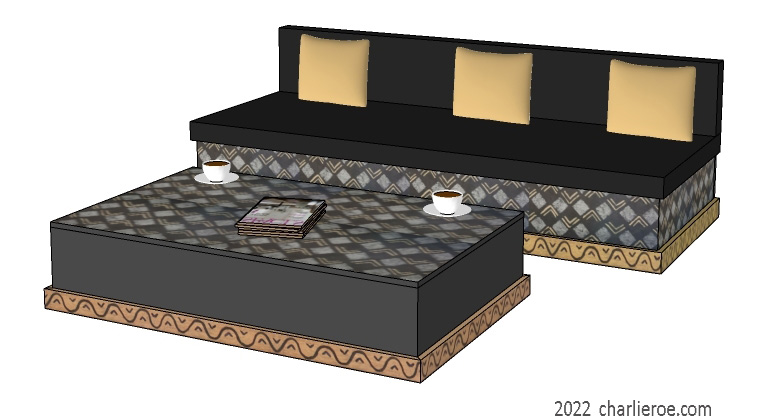 New Art Deco coffee side sofa lamp table beside a matching sofa settee with decorative hand painted Abstract art pattern design