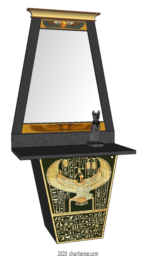 new Art Deco ancient Egyptian style painted console side table design with matching wall mirror painted with Egyptian style motifs & designs